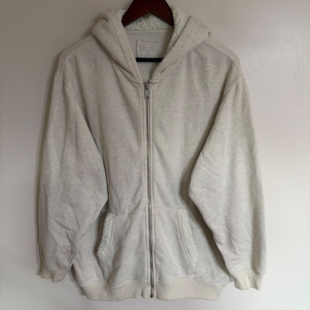 Aerie Women Medium Oatmeal Heather Sherpa Lined Hood Full Zip‎ Hoodie Sweatshirt
